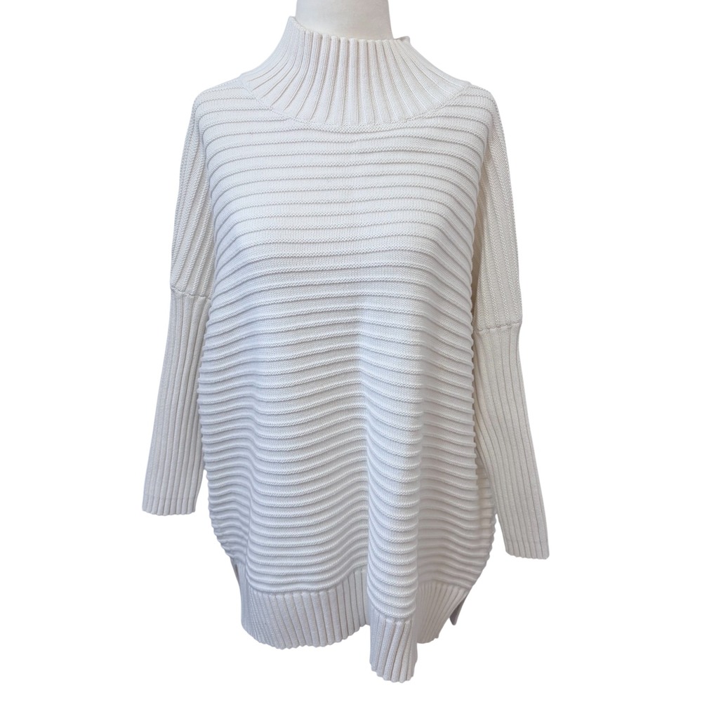French Connection White‎ Large Mock Neck Ribbed Oversized Cotton Sweater - Picture 2 of 7